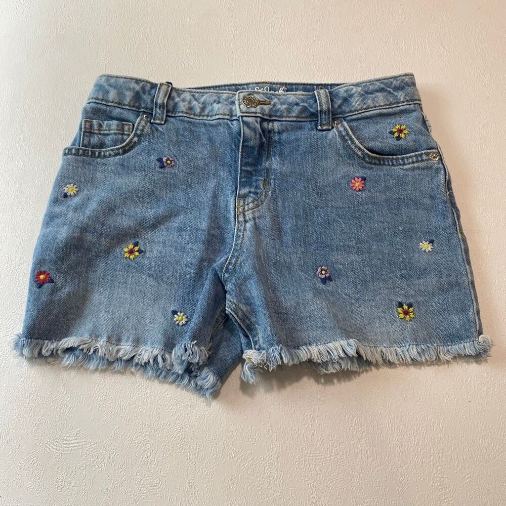 Cat & Jack Girls 10/12 Floral Embroidered Denim Shorts Frayed Hem Stretch